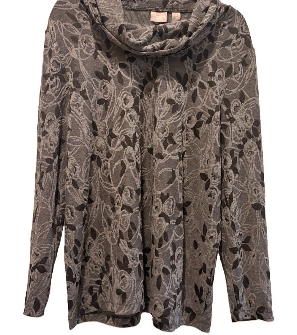 Chico's Size 3 Large Cowl Neck Cozy Long Sleeve Gray Dark Floral Top